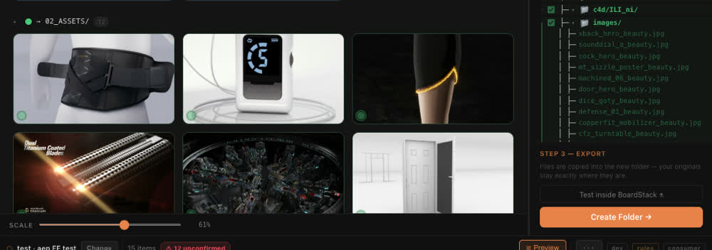 The FolderForge panel: color-labeled assets staged into a project folder structure