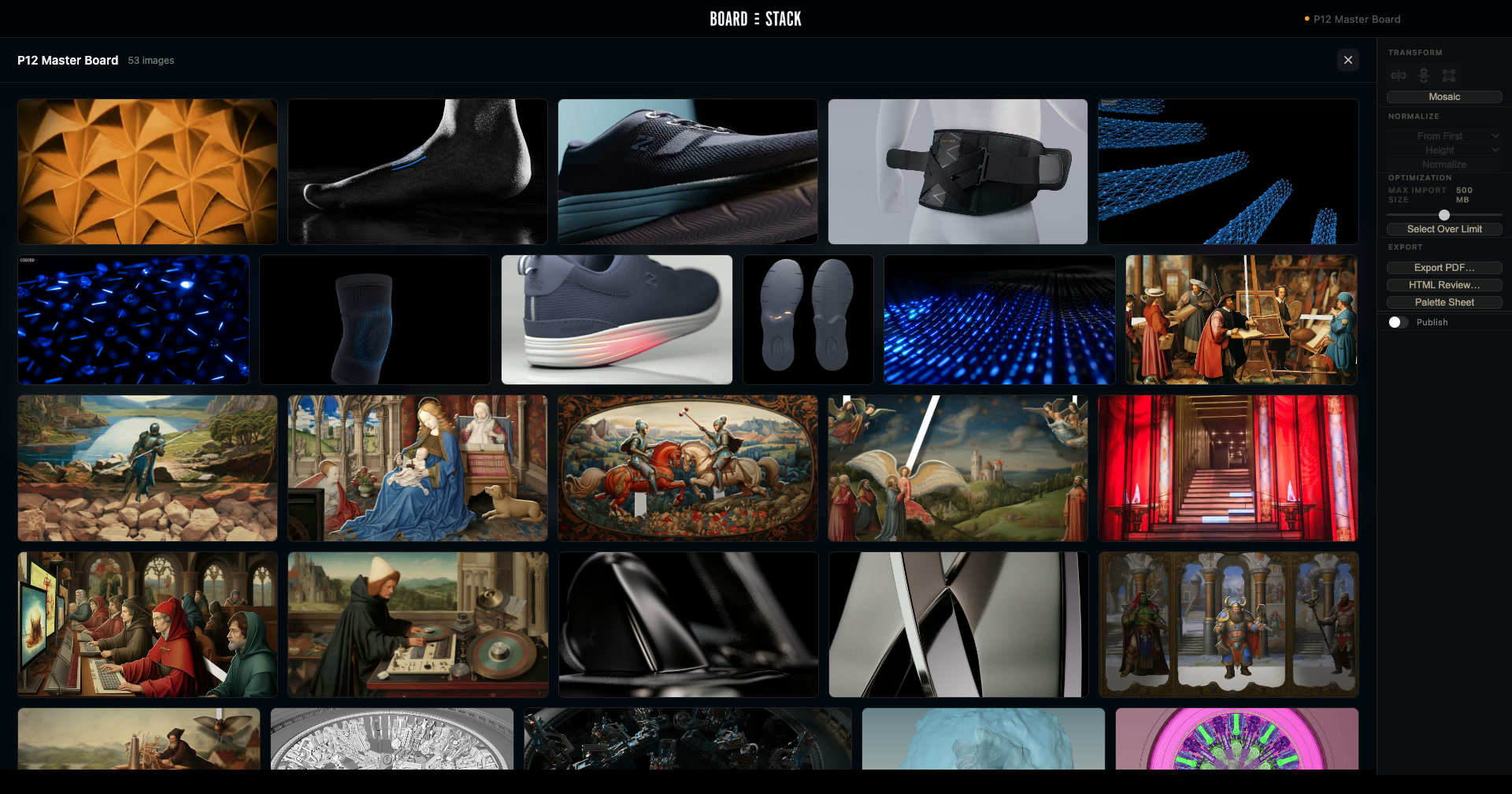 BoardStack Spread view: the P12 Master Board, 53 studio renders as one contact sheet