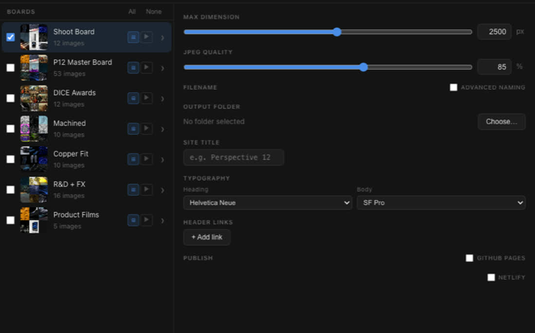 The Stage 3 publish panel: boards, export settings, GitHub Pages and Netlify targets